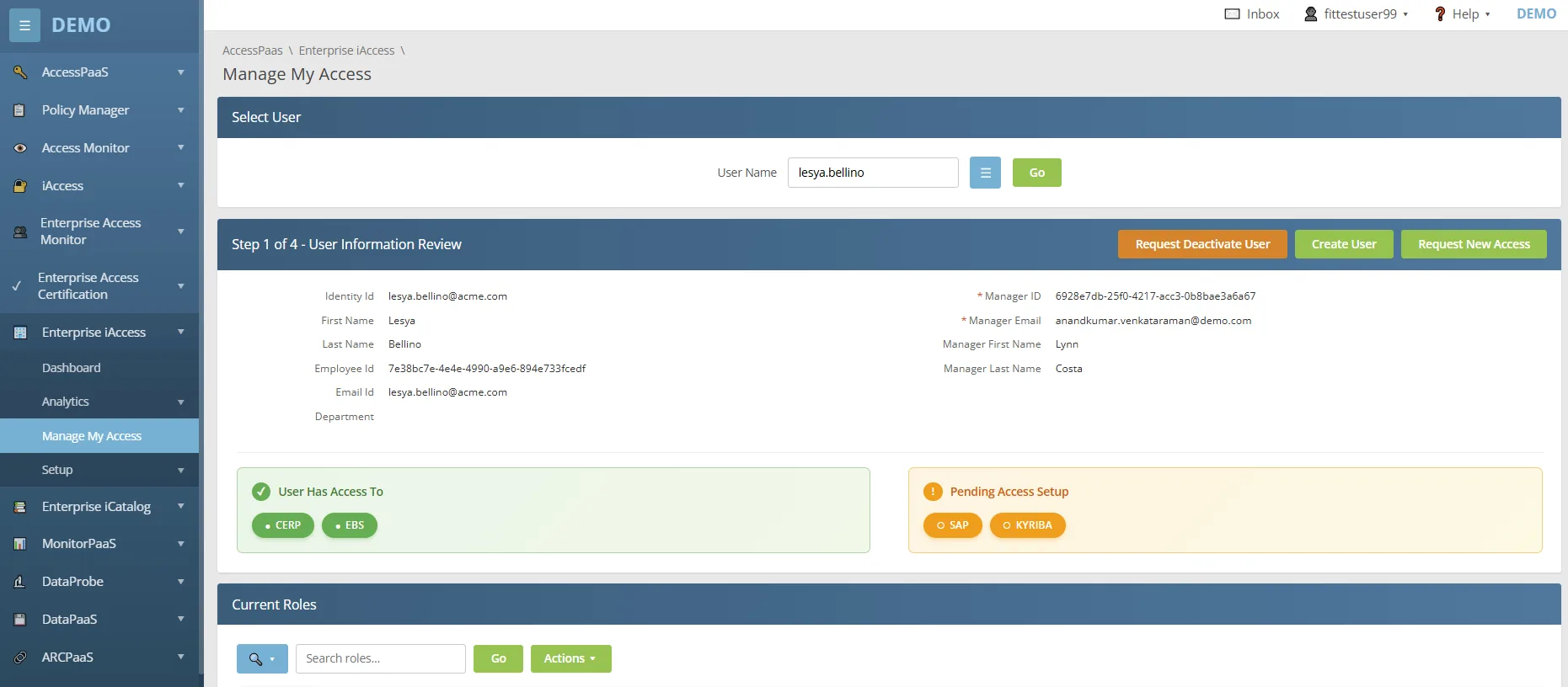 SafePaaS Manage My Access — user information review, current roles and pending access setup
