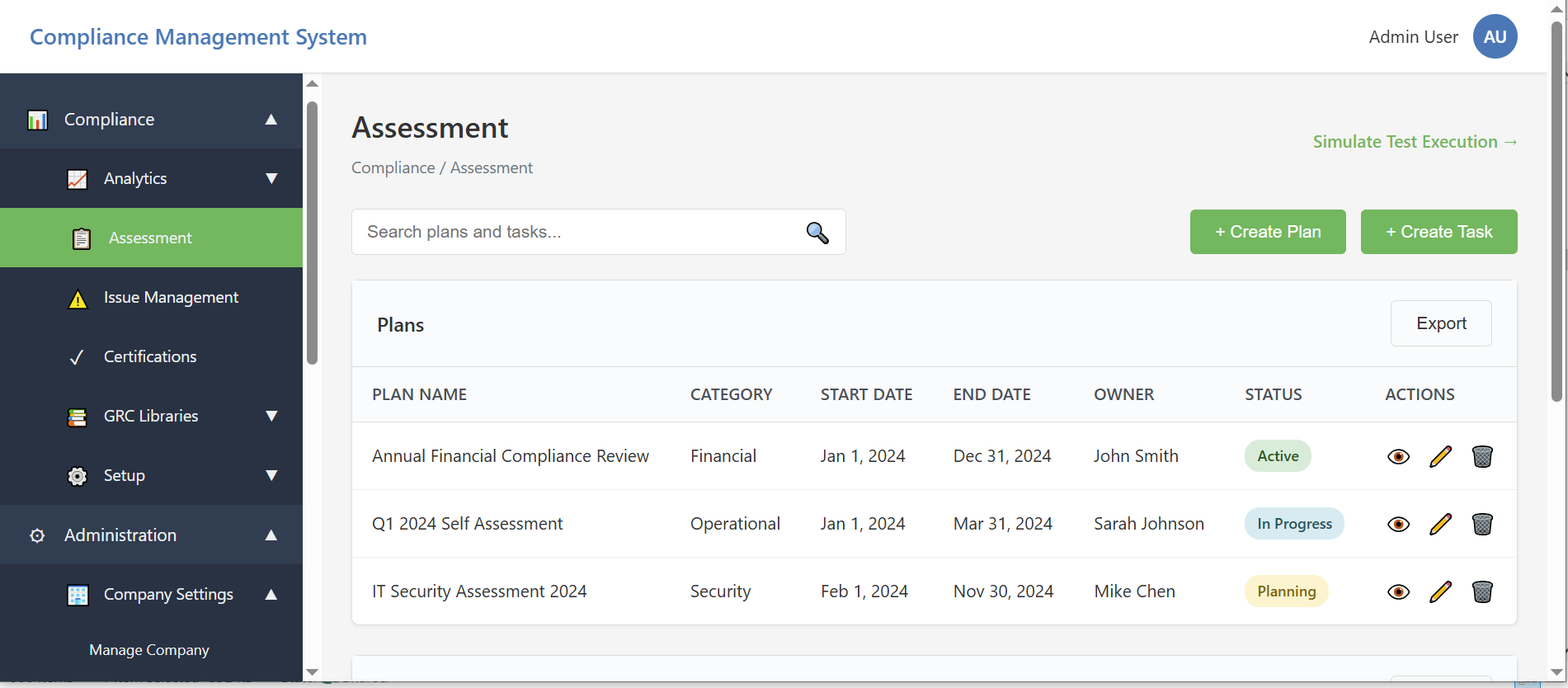Compliance Management System — assessment plans