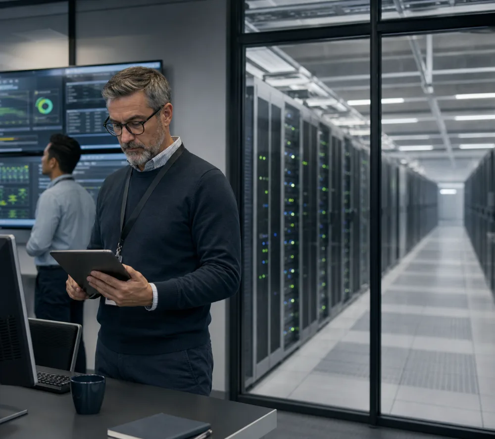 Engineers monitoring infrastructure dashboards on a data centre floor